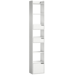 HOMCOM Bookcase Tall Narrow with 5 Tiers and Drawers Freestanding Bookshelf Storage Cabinet for Living Room White Wood Effect - thumbnail 1