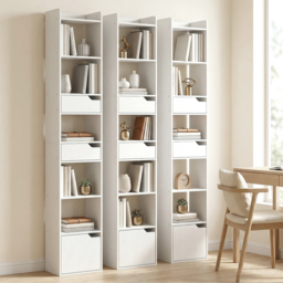 HOMCOM Bookcase Tall Narrow with 5 Tiers and Drawers Freestanding Bookshelf Storage Cabinet for Living Room White Wood Effect - thumbnail 8