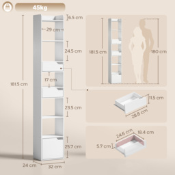 HOMCOM Bookcase Tall Narrow with 5 Tiers and Drawers Freestanding Bookshelf Storage Cabinet for Living Room White Wood Effect - thumbnail 3