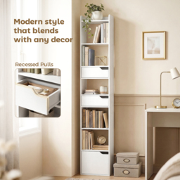 HOMCOM Bookcase Tall Narrow with 5 Tiers and Drawers Freestanding Bookshelf Storage Cabinet for Living Room White Wood Effect - thumbnail 6