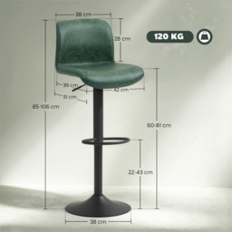 HOMCOM Bar Stools Set of 2, PU Leather Barstools with Backrest and Footrest for Kitchen, Counter, Breakfast Bar, Green - thumbnail 3