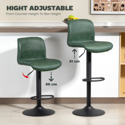 HOMCOM Bar Stools Set of 2, PU Leather Barstools with Backrest and Footrest for Kitchen, Counter, Breakfast Bar, Green - thumbnail 6