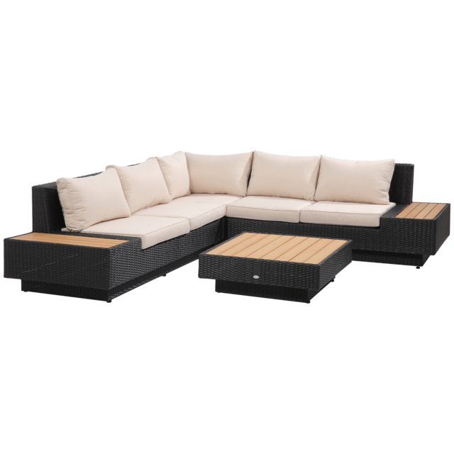 Outsunny 5-Seater Rattan Garden Furniture Outdoor Sectional Corner Sofa and Coffee Table Set Conservatory Wicker Weave w/ Armrest and Cushions, Black - image 1