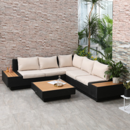 Outsunny 5-Seater Rattan Garden Furniture Outdoor Sectional Corner Sofa and Coffee Table Set  Conservatory Wicker Weave w/ Armrest and Cushions, Black - thumbnail 2