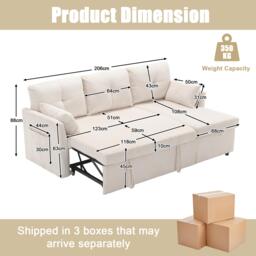 L-Shaped Convertible Sleeper Sofa with Pull Out Bed, 3-In-1 Convertible Sofa with High Storage Chaise, 206L x 130W x 88H cm, Beige - Aosom UK - thumbnail 3