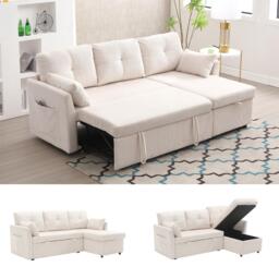 L-Shaped Convertible Sleeper Sofa with Pull Out Bed, 3-In-1 Convertible Sofa with High Storage Chaise, 206L x 130W x 88H cm, Beige - Aosom UK - thumbnail 9