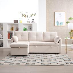 L-Shaped Convertible Sleeper Sofa with Pull Out Bed, 3-In-1 Convertible Sofa with High Storage Chaise, 206L x 130W x 88H cm, Beige - Aosom UK