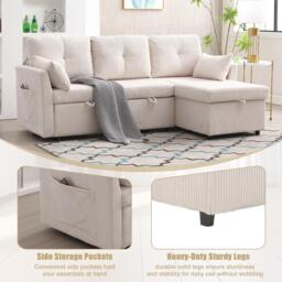 L-Shaped Convertible Sleeper Sofa with Pull Out Bed, 3-In-1 Convertible Sofa with High Storage Chaise, 206L x 130W x 88H cm, Beige - Aosom UK - thumbnail 5