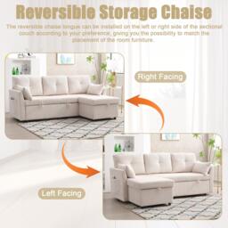 L-Shaped Convertible Sleeper Sofa with Pull Out Bed, 3-In-1 Convertible Sofa with High Storage Chaise, 206L x 130W x 88H cm, Beige - Aosom UK - thumbnail 6