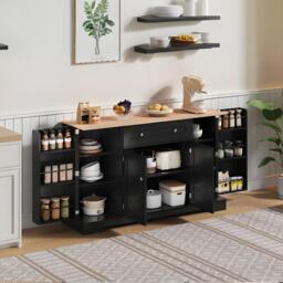 Multifunctional Kitchen Sideboard with Double-Door Compartment, Spacious Cabinet with Adjustable Shelves, 138L x 40W x 85H cm, Black - Aosom UK - thumbnail 8