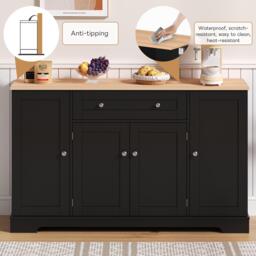 Multifunctional Kitchen Sideboard with Double-Door Compartment, Spacious Cabinet with Adjustable Shelves, 138L x 40W x 85H cm, Black - Aosom UK - thumbnail 4