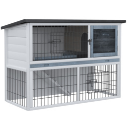 PawHut Small Animal Two-Level Fir Wood Hutch w/ Slide Out Tray Grey - Aosom UK