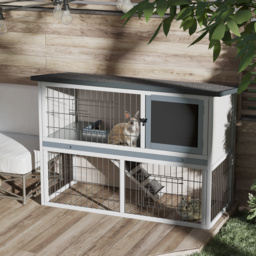 PawHut Small Animal Two-Level Fir Wood Hutch w/ Slide Out Tray Grey - Aosom UK - thumbnail 2