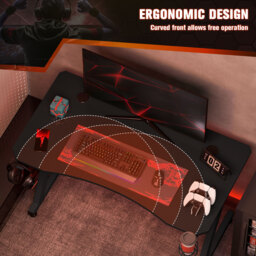 HOMCOM Ergonomic Gaming Desk, Steel Frame, Cup Holder, Headphone Hook, Adjustable Feet, Cable Management, Home Office, Black. - Aosom UK - thumbnail 4