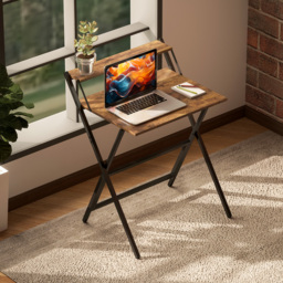 HOMCOM 70 cm Folding Computer Desk with Monitor Shelf - Rustic Brown - thumbnail 8