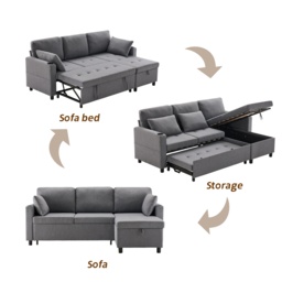 L-Shaped Corner Sofa Bed with Storage, 3 Seater Pull-Out Convertible Settee with Cup Holders and Magazine Pockets, 212x141x87.5 cm, Grey - Aosom UK - thumbnail 5