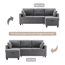 L-Shaped Corner Sofa Bed with Storage, 3 Seater Pull-Out Convertible Settee with Cup Holders and Magazine Pockets, 212x141x87.5 cm, Grey - Aosom UK - thumbnail 4