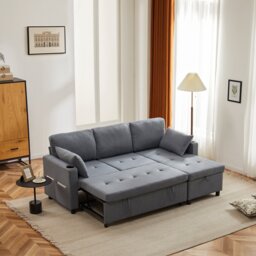 L-Shaped Corner Sofa Bed with Storage, 3 Seater Pull-Out Convertible Settee with Cup Holders and Magazine Pockets, 212x141x87.5 cm, Grey - Aosom UK - thumbnail 7