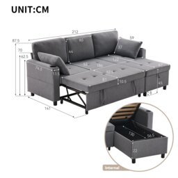 L-Shaped Corner Sofa Bed with Storage, 3 Seater Pull-Out Convertible Settee with Cup Holders and Magazine Pockets, 212x141x87.5 cm, Grey - Aosom UK - thumbnail 3