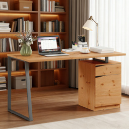 HOMCOM Computer Desk, Writing Desk with Cabinet, Drawer, Metal Legs, Work Table for Home Office Study, Natural Wood Finish - thumbnail 2