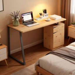 HOMCOM Computer Desk, Writing Desk with Cabinet, Drawer, Metal Legs, Work Table for Home Office Study, Natural Wood Finish - thumbnail 7