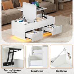 Lift-Top Coffee Table with App-Controlled RGB LED Lights, High-Gloss Center Table with Hidden Compartment, 100L x 45W x 43H cm, White - Aosom UK - thumbnail 7