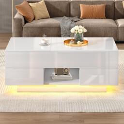 Lift-Top Coffee Table with App-Controlled RGB LED Lights, High-Gloss Center Table with Hidden Compartment, 100L x 45W x 43H cm, White - Aosom UK - thumbnail 9
