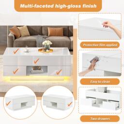 Lift-Top Coffee Table with App-Controlled RGB LED Lights, High-Gloss Center Table with Hidden Compartment, 100L x 45W x 43H cm, White - Aosom UK - thumbnail 8