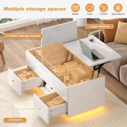 Lift-Top Coffee Table with App-Controlled RGB LED Lights, High-Gloss Center Table with Hidden Compartment, 100L x 45W x 43H cm, White - Aosom UK - thumbnail 6