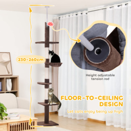 PawHut Cat Climbing Tree, 5-Tier Floor to Ceiling Adjustable Scratching Post Tower, Activity Centre, Brown, 230-260cm - Aosom UK - thumbnail 4