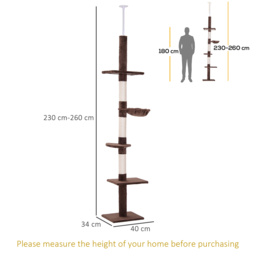 PawHut Cat Climbing Tree, 5-Tier Floor to Ceiling Adjustable Scratching Post Tower, Activity Centre, Brown, 230-260cm - Aosom UK - thumbnail 3