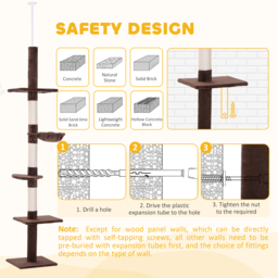 PawHut Cat Climbing Tree, 5-Tier Floor to Ceiling Adjustable Scratching Post Tower, Activity Centre, Brown, 230-260cm - Aosom UK - thumbnail 7