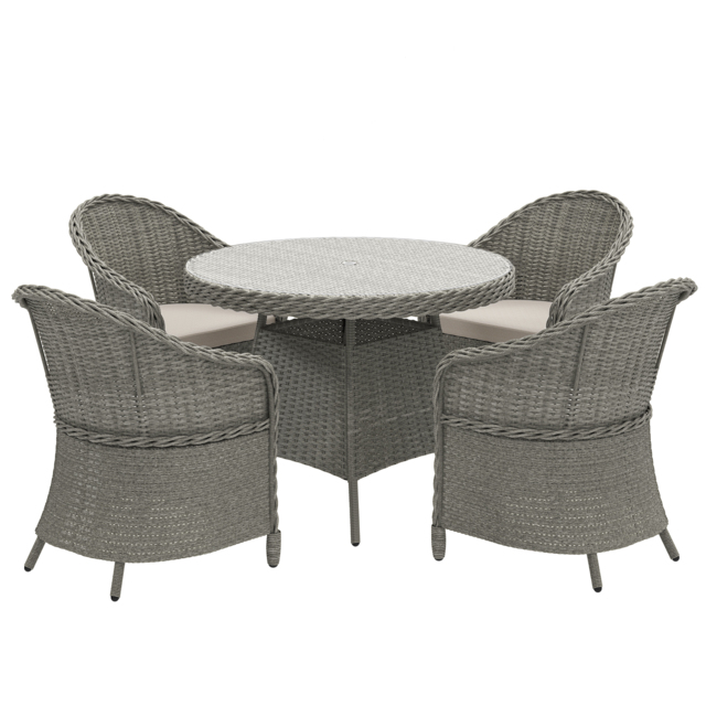 Outsunny 4 Seater Rattan Garden Furniture Set with Cushions, Round PE Rattan Dining Set with Glass-Top Table, Umbrella Hole, Outdoor Garden Table and Chairs, Grey - image 1