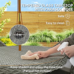 Outsunny 4 Seater Rattan Garden Furniture Set with Cushions, Round PE Rattan Dining Set with Glass-Top Table, Umbrella Hole, Outdoor Garden Table and Chairs, Grey - thumbnail 5