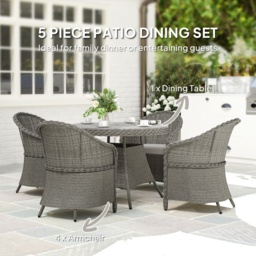 Outsunny 4 Seater Rattan Garden Furniture Set with Cushions, Round PE Rattan Dining Set with Glass-Top Table, Umbrella Hole, Outdoor Garden Table and Chairs, Grey - thumbnail 4