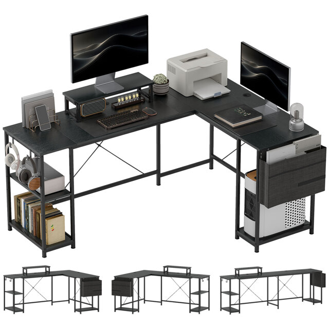 HOMCOM 168cm Reversible L Shaped Desk, Industrial Corner Computer Desk with Adjustable Shelf, Storage Bag, Monitor Stand, Black - image 1
