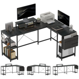 HOMCOM 168cm Reversible L Shaped Desk, Industrial Corner Computer Desk with Adjustable Shelf, Storage Bag, Monitor Stand, Black