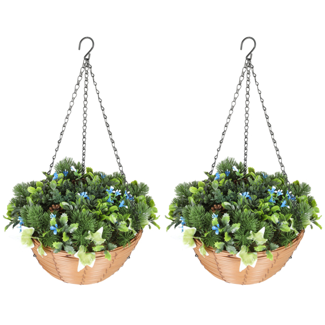 HOMCOM Artificial Flowers in Basket Set of 2, Artificial Hanging Baskets with PE Leaves, 18 Flowers and 3 Pinecones in Pot, Decorative Faux Plant for Home Office Decor, Green - image 1