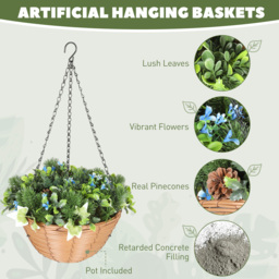 HOMCOM Artificial Flowers in Basket Set of 2, Artificial Hanging Baskets with PE Leaves, 18 Flowers and 3 Pinecones in Pot, Decorative Faux Plant for Home Office Decor, Green - thumbnail 4