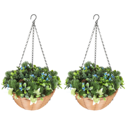 HOMCOM Artificial Flowers in Basket Set of 2, Artificial Hanging Baskets with PE Leaves, 18 Flowers and 3 Pinecones in Pot, Decorative Faux Plant for Home Office Decor, Green - thumbnail 1