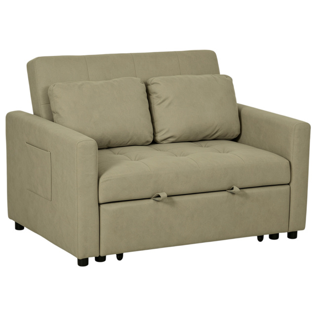 HOMCOM Loveseat Sofa Bed, Convertible Bed Settee with 2 Cushions, Side Pockets for Living Room, Light Brown - image 1