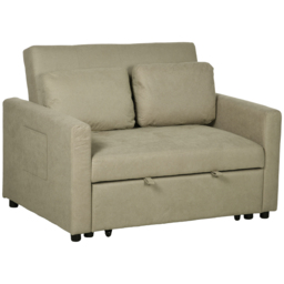 HOMCOM Loveseat Sofa Bed, Convertible Bed Settee with 2 Cushions, Side Pockets for Living Room, Light Brown - thumbnail 1