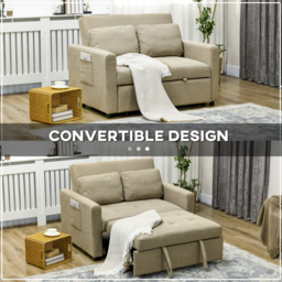 HOMCOM Loveseat Sofa Bed, Convertible Bed Settee with 2 Cushions, Side Pockets for Living Room, Light Brown - thumbnail 4