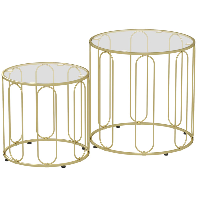 HOMCOM Round Coffee Table Set of 2, Glass Nest of Tables with Metal Frame and Tempered Glass Tabletop, Modern Side Tables for Living Room, Gold Tone - image 1