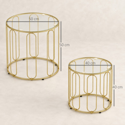 HOMCOM Round Coffee Table Set of 2, Glass Nest of Tables with Metal Frame and Tempered Glass Tabletop, Modern Side Tables for Living Room, Gold Tone - thumbnail 3