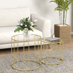 HOMCOM Round Coffee Table Set of 2, Glass Nest of Tables with Metal Frame and Tempered Glass Tabletop, Modern Side Tables for Living Room, Gold Tone - thumbnail 9