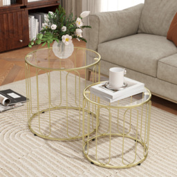 HOMCOM Round Coffee Table Set of 2, Glass Nest of Tables with Metal Frame and Tempered Glass Tabletop, Modern Side Tables for Living Room, Gold Tone - thumbnail 7