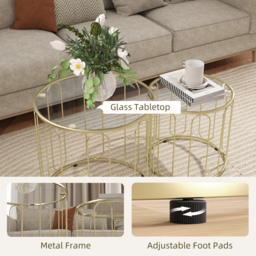 HOMCOM Round Coffee Table Set of 2, Glass Nest of Tables with Metal Frame and Tempered Glass Tabletop, Modern Side Tables for Living Room, Gold Tone - thumbnail 6