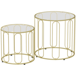 HOMCOM Round Coffee Table Set of 2, Glass Nest of Tables with Metal Frame and Tempered Glass Tabletop, Modern Side Tables for Living Room, Gold Tone - thumbnail 1