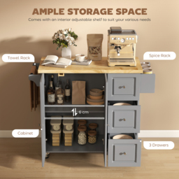 HOMCOM Kitchen Island on Wheels, Rolling Kitchen Storage Trolley with Drop Leaf, Drawers, Towel and Spice Rack, Grey - thumbnail 5